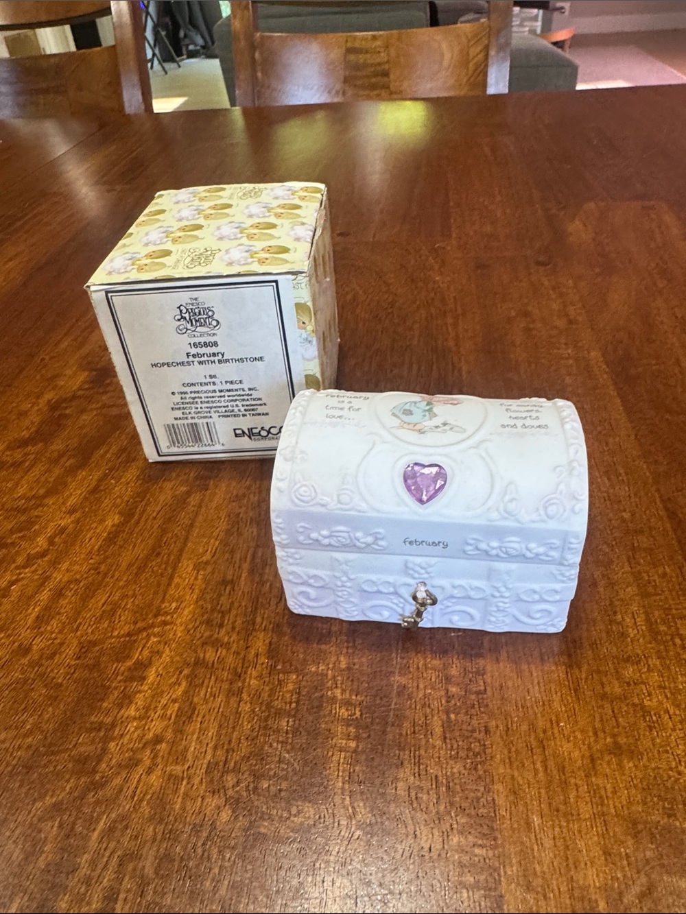 Precious Moments White Jewelry Hope Chest Trinket Box w/ Feb Birthstone Gem